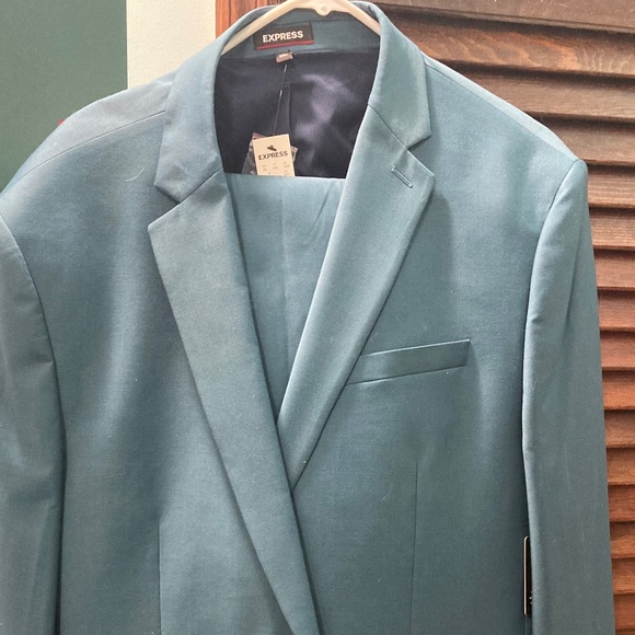 Extra slim Express teal two piece suit, jacket and pants - Picture 2 of 4